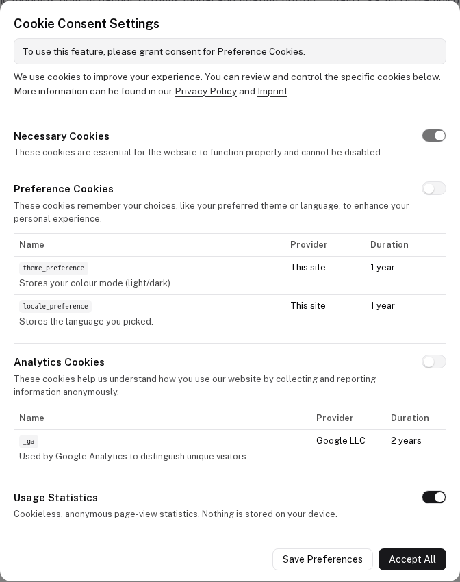The settings modal opened for Preference Cookies, with the reason shown above the categories