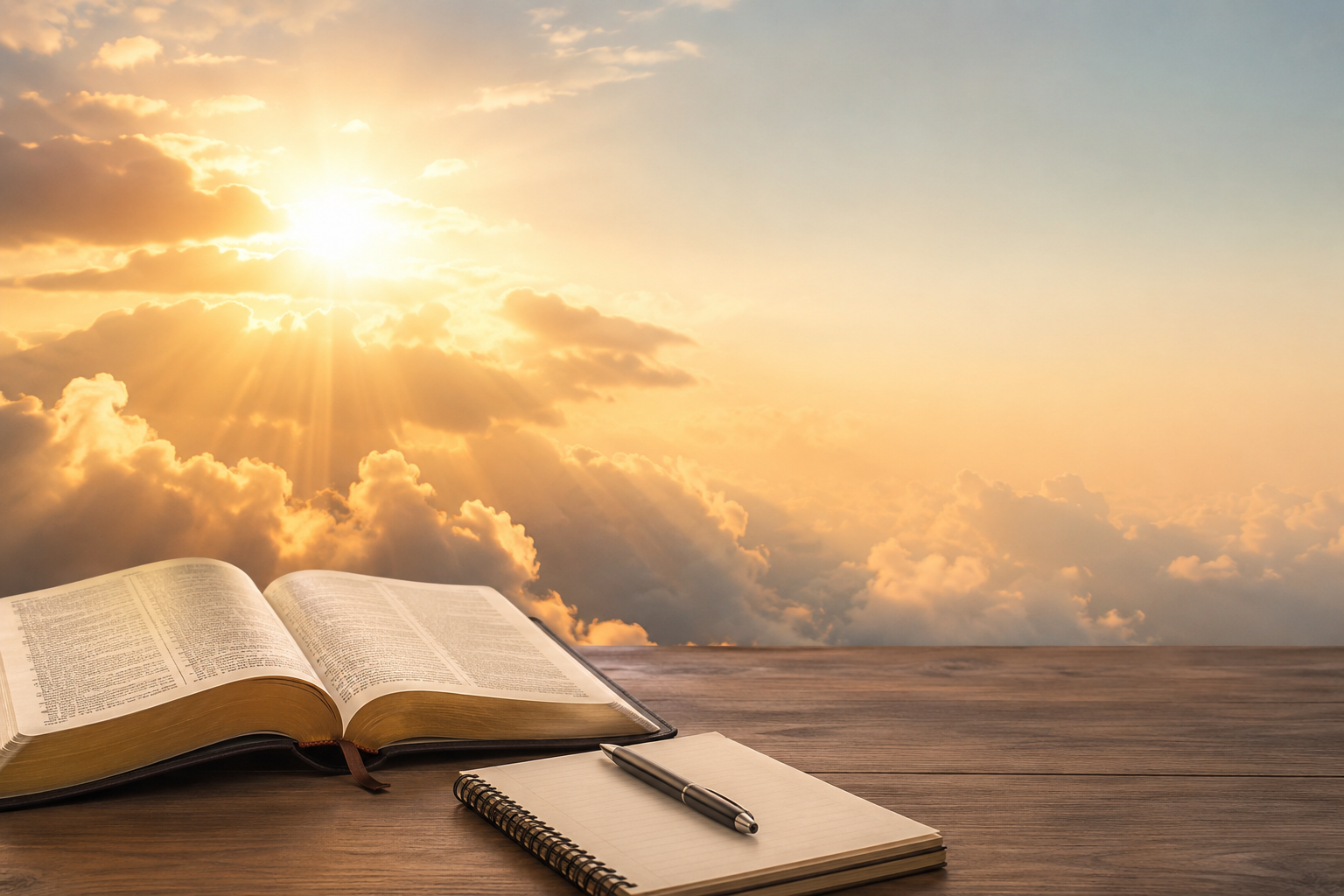 Serene sunrise over open Bible