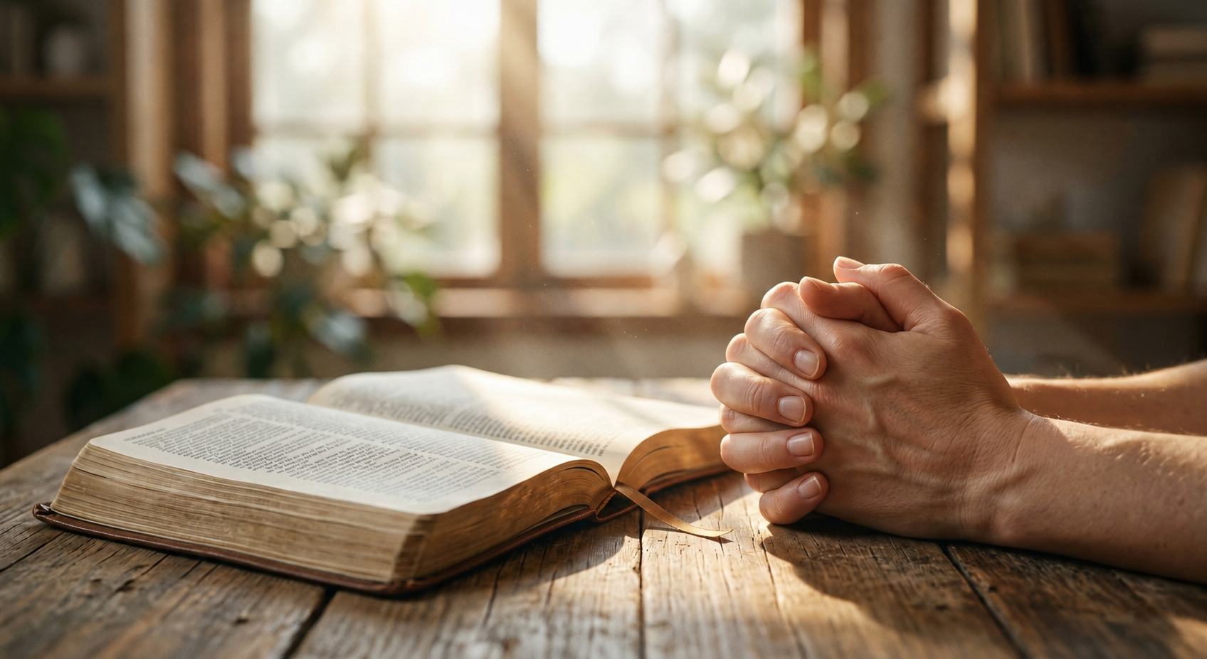 Hands in prayer with soft light