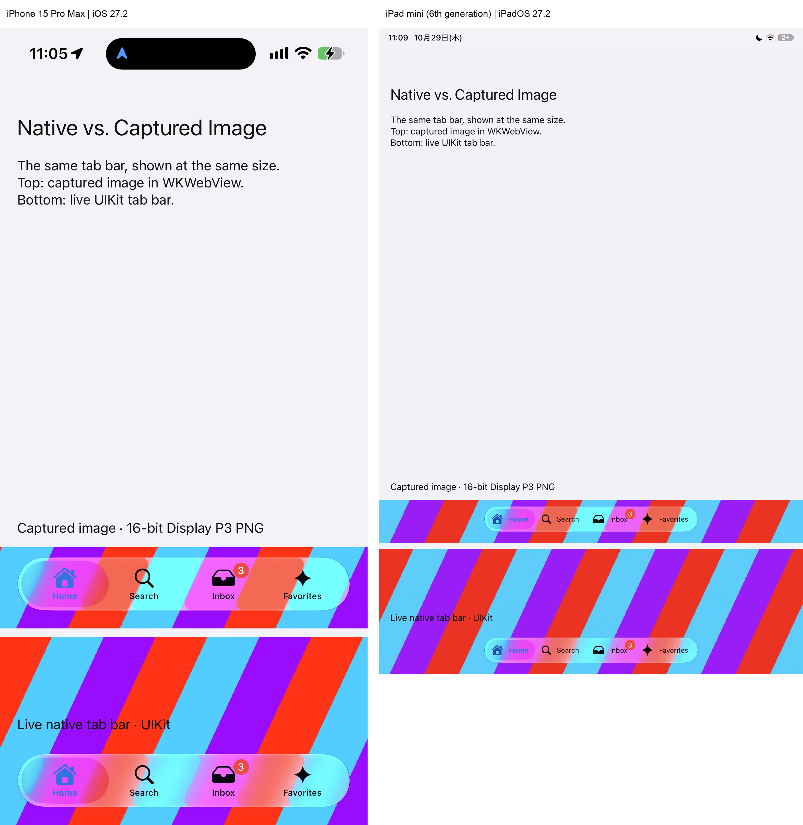 Device screenshots comparing captured and live UIKit tab bars on iPhone and iPad