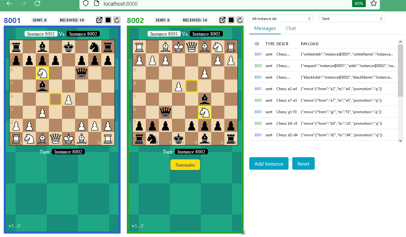 localhost:8000 open in the browser, showing two embedded pages with chess open and a message exchange log aside