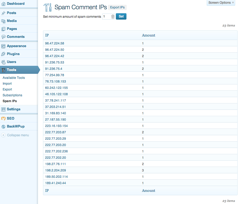 List Screen The IP list screen with a larger set of unsorted spam IPs.