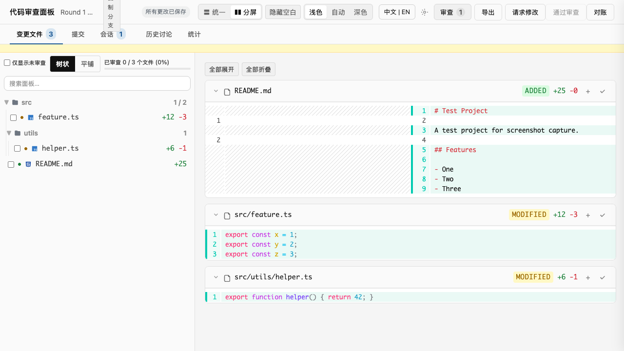 Dashboard overview showing the file tree on the left and rendered diff on the right