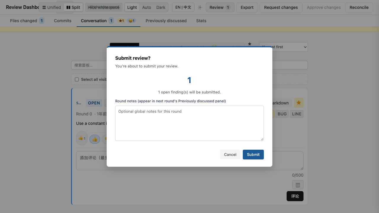 Submit review confirmation modal showing "Submit review?" with Cancel/Submit buttons