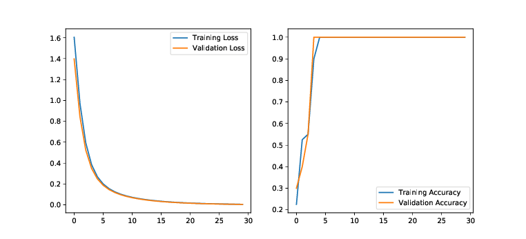 Development of train set and test set loss and accuracy over 30 epochs on the iris dataset.<span label="fig:perfiris"></span>
