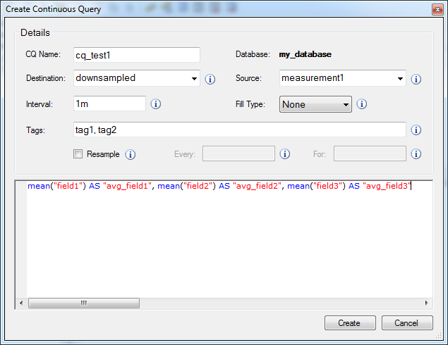 Create Continuous Queries Dialog