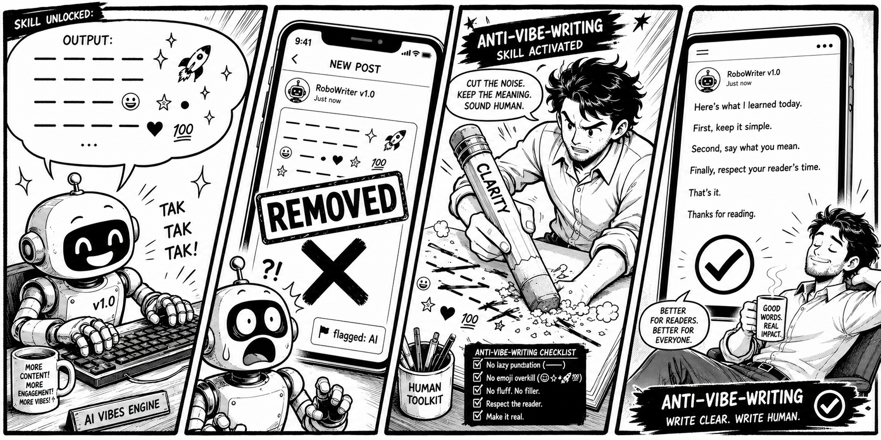 anti-vibe-writing: a black-and-white comic banner, four panels showing AI writing going from em-dash-and-emoji clutter that gets auto-removed, through a human cleanup pass, to clean copy that reads human