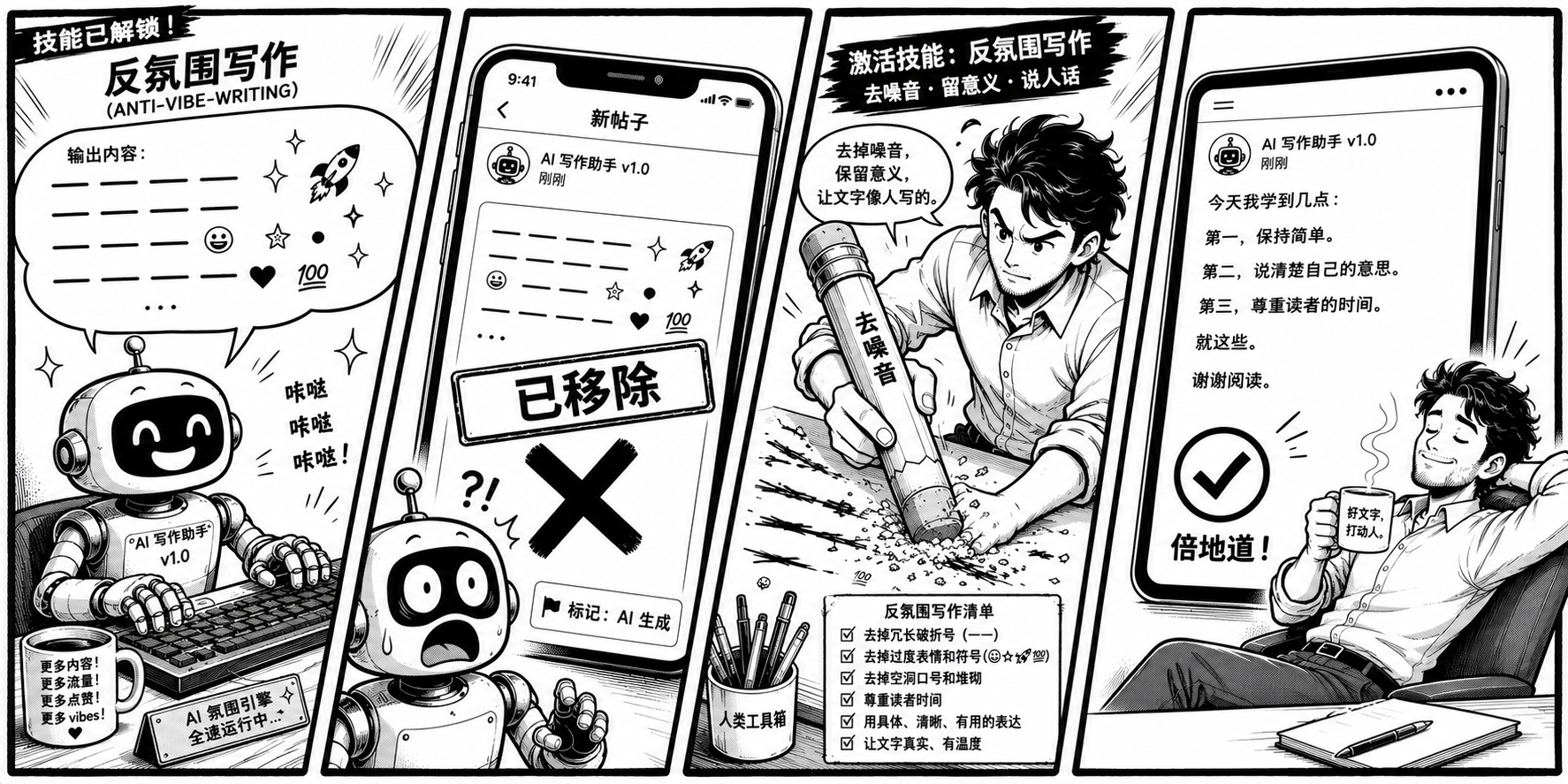 anti-vibe-writing：黑白漫画风 banner，四格讲述 AI 写作如何从满屏破折号、emoji 被平台删帖，到人工去味、最终