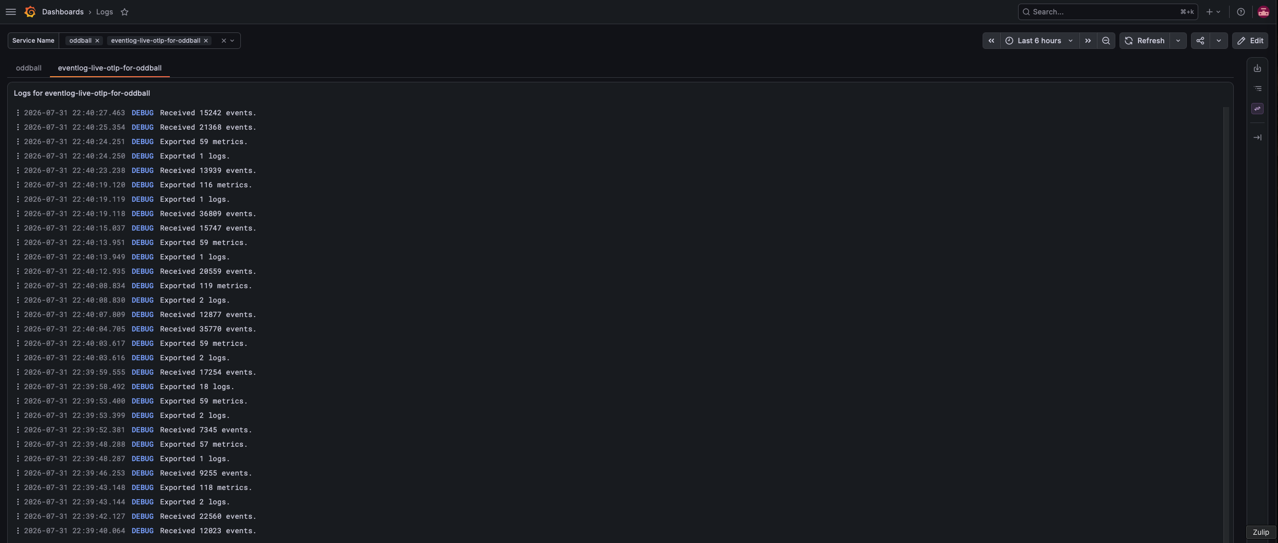 A screen capture of the Grafana Logs dashboard for the eventlog-live-otlp program for oddball.