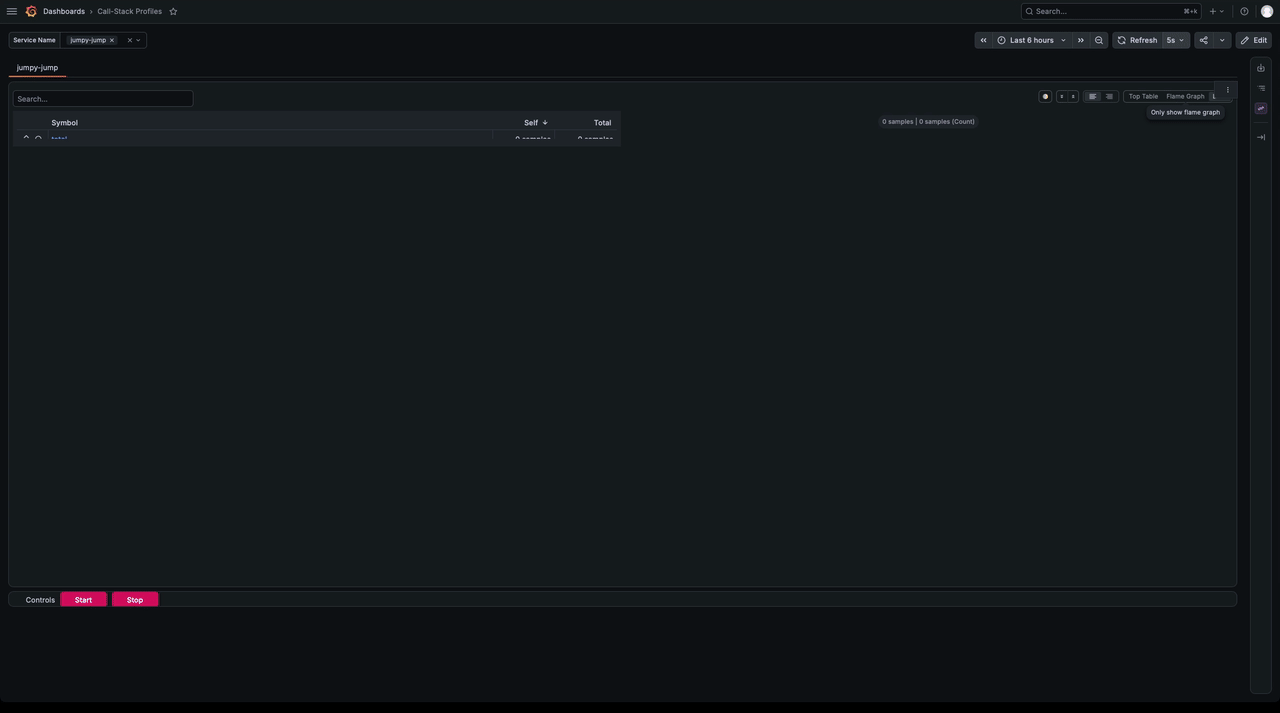 A screen recording of the Grafana Call-Stack Profiles dashboard for the jumpy-jump example program.