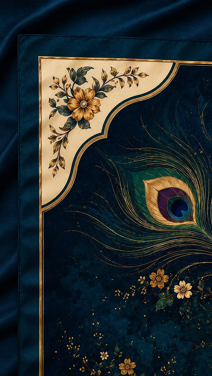 Close detail of a cream corner cartouche with gold flowers against indigo silk.