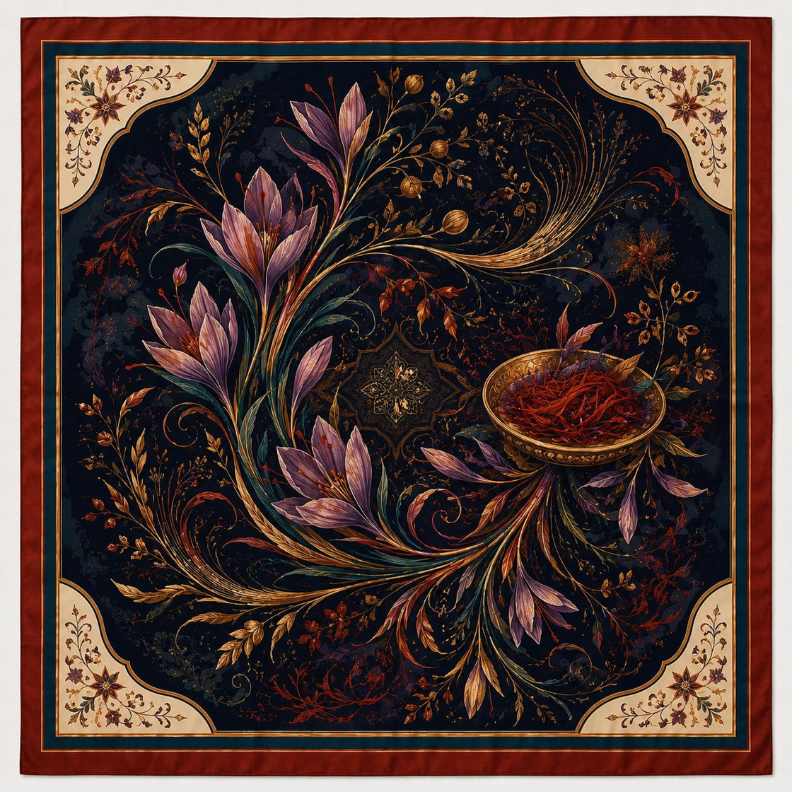 Saffron Crocus: near black silk square with purple crocus flowers, a gold bowl of saffron threads and a deep madder red border.