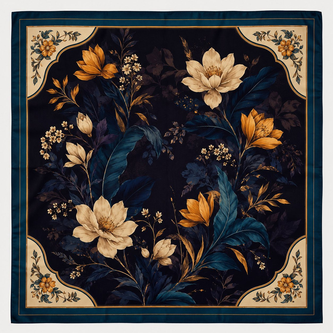 Champa Dusk: near black silk square with cream and gold magnolia flowers and deep teal leaves.