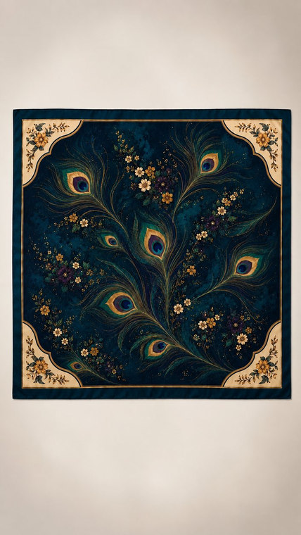 A silk square in deep indigo with gold peacock feathers, hanging flat.