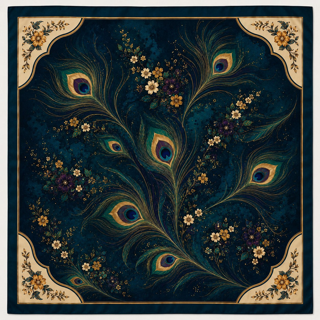 Peacock Night: a deep indigo silk square with gold peacock feathers, small cream florals and cream corner cartouches.