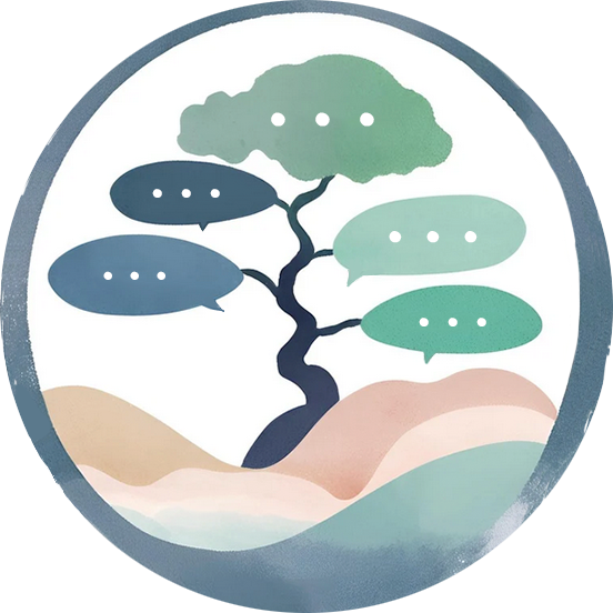 shuku logo: stylised bonsai tree with speech bubble leaves in a circular frame, set against pastel hills