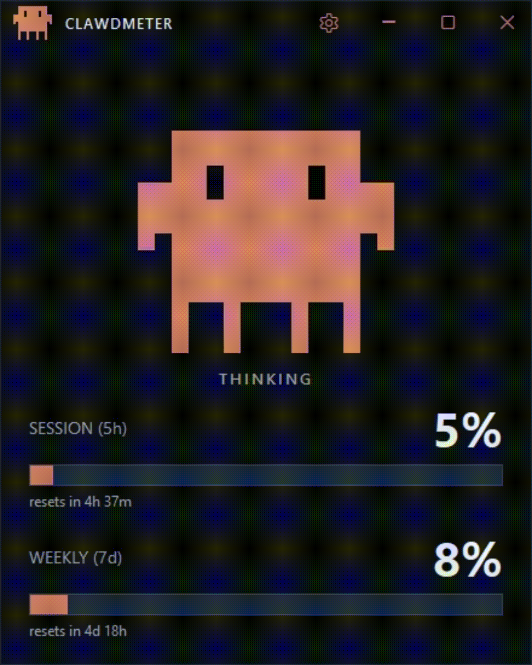 Clawdmeter-Windows — the Clawd mascot reacting live to Claude Code activity, with session and weekly usage