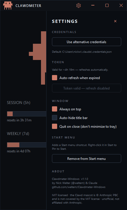 Clawdmeter-Windows settings panel
