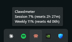Hover the tray icon for a session and weekly usage readout