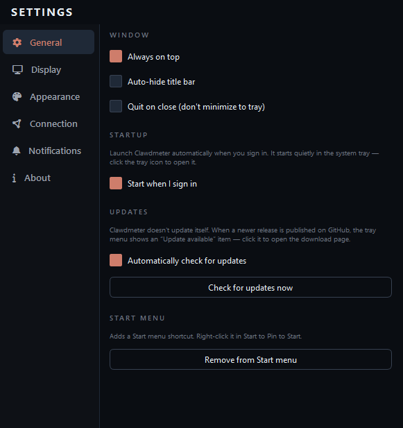 Clawdmeter settings panel — the General tab and the tab rail