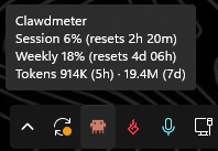 Hover the tray icon for a session and weekly usage readout