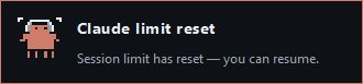 Clawdmeter limit-reset notification — "Claude limit reset" over "Session limit has reset — you can resume."