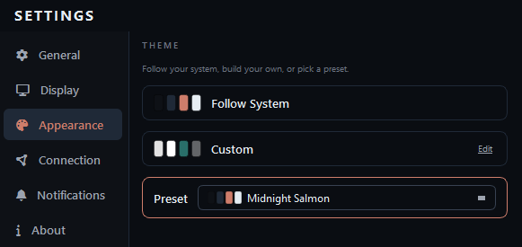 Clawdmeter Settings → Appearance — Follow System, Custom, and a Preset dropdown set to Midnight Salmon, each with a colour-swatch strip