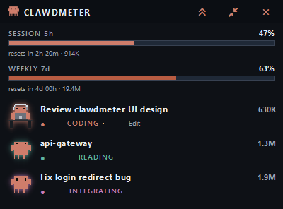 Clawdmeter compact view — usage bars above a one-row-per-session list with mascot, title, tokens and activity