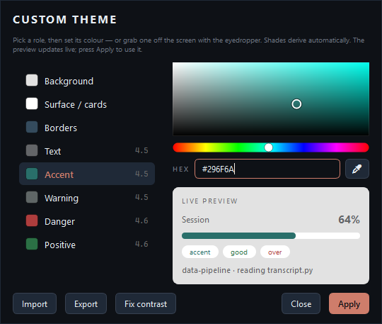 Clawdmeter's custom theme editor — the eight editable roles with live contrast ratios, a saturation/value picker and hue slider, a hex field with an eyedropper, and a live preview of the usage bar