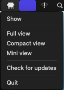 Clawdmeter's macOS menu-bar icon with its menu open — Show, Full view, Compact view, Mini view, Check for updates, Quit