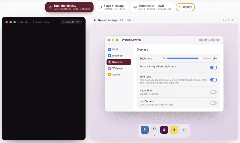 Simulated Macbeth walkthrough showing System Settings, Electron interaction, and screenshot OCR