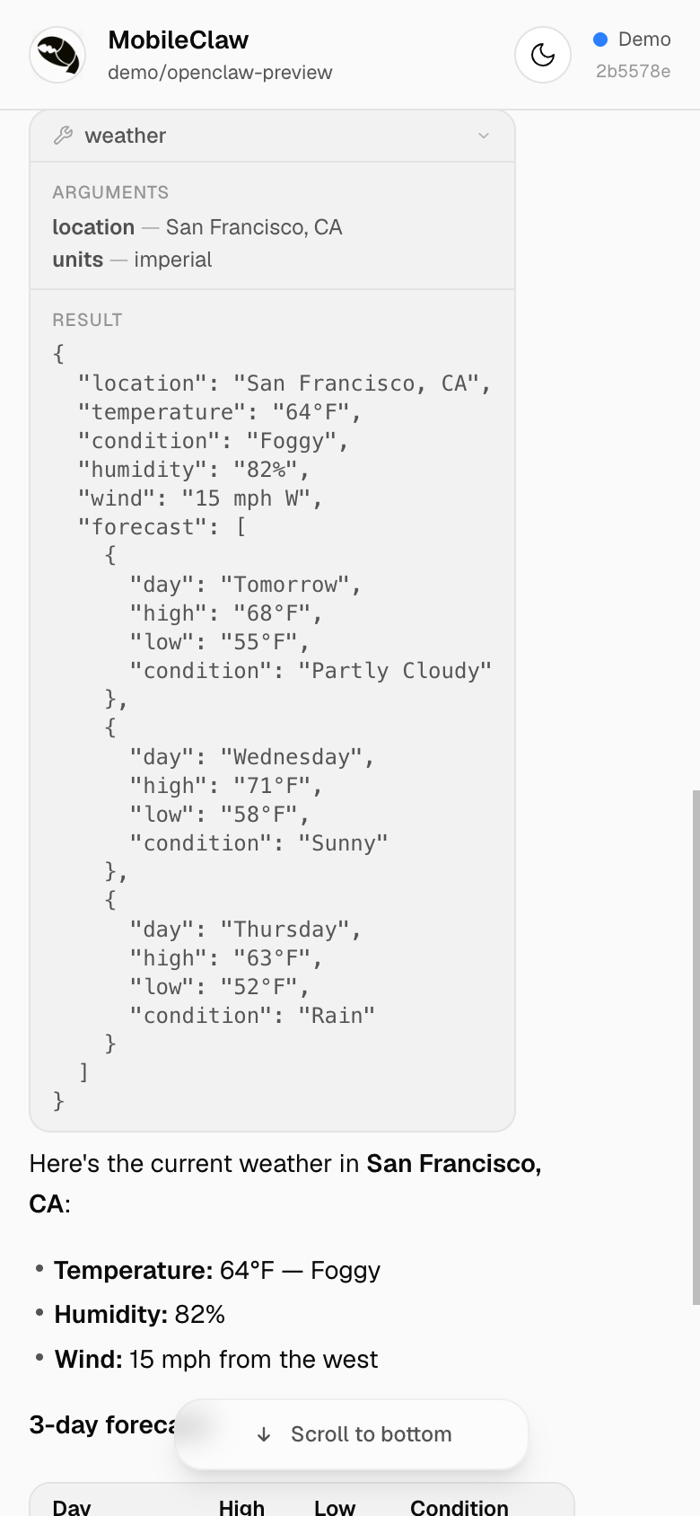 Tool call with weather results