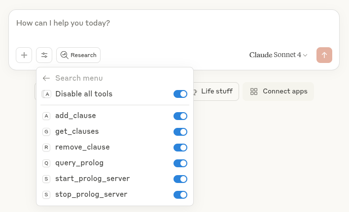 Claude Desktop with avalable tools for Prolog-MCP-server