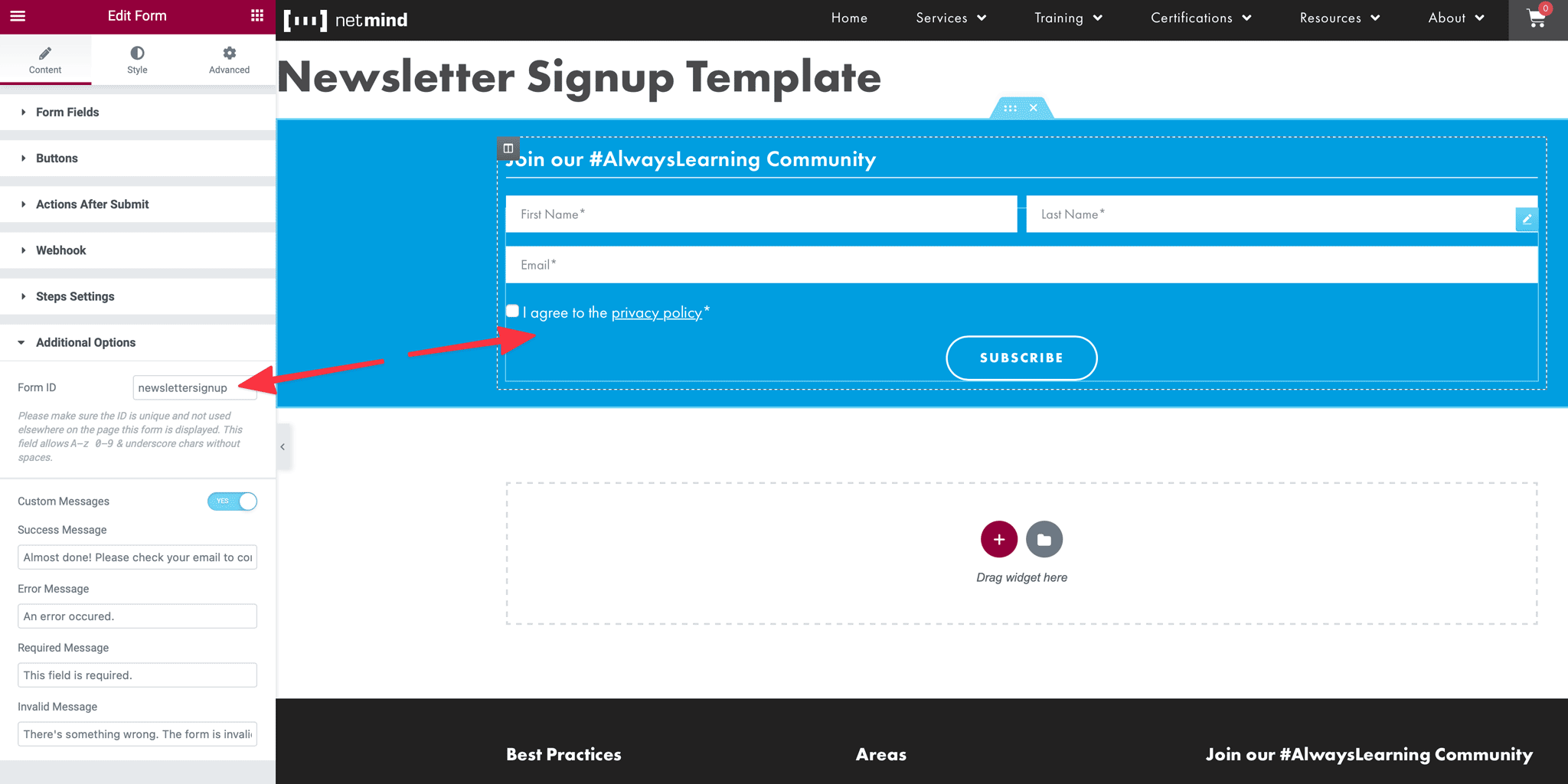 Find the Form ID setting under Content > Additional Options