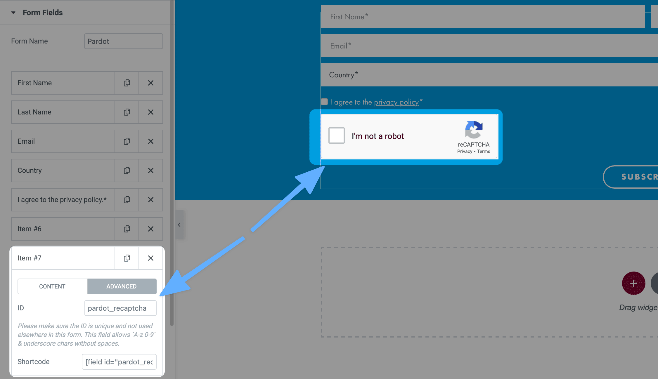 Use pardot_recaptcha as the reCAPTCHA fields ID.