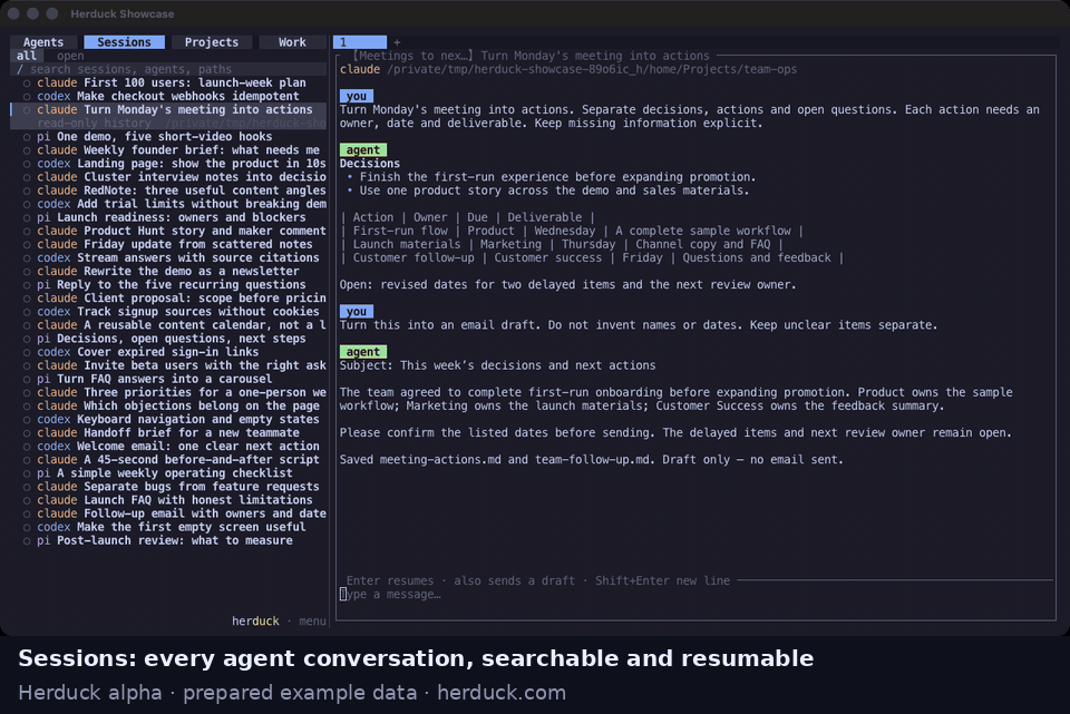 A 12-second tour of the four Herduck views: Sessions, Work, Agents and Projects