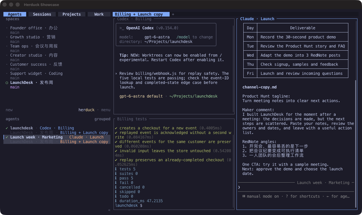 Herduck Agents view showing split terminal panes and the Agent activity overview