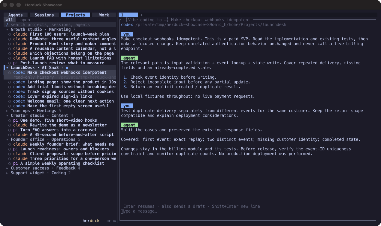 Herduck Projects view grouping sessions by working directory