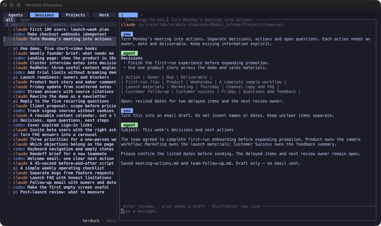 Herduck Sessions view showing a conversation list, saved context, and resume controls
