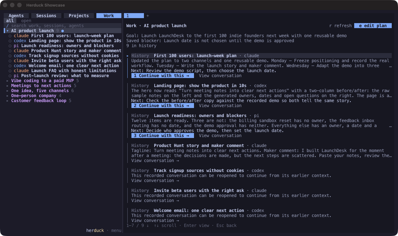 Herduck Work view with a saved goal and blocker, recent progress per conversation, and Continue with this actions