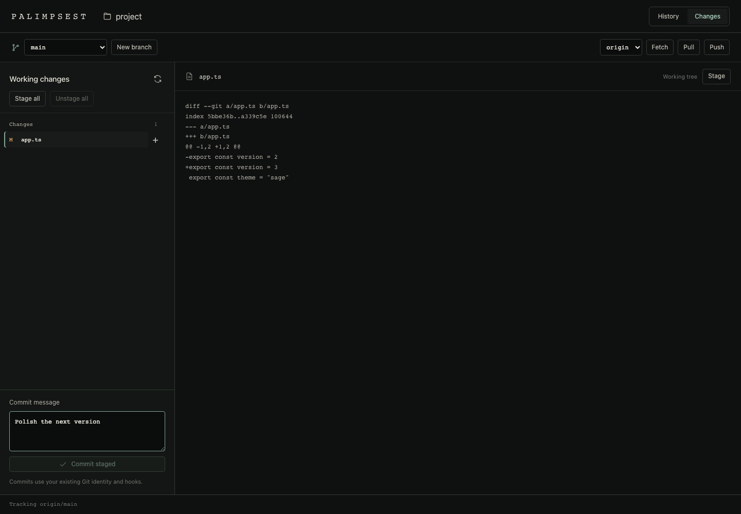 Working changes, a file diff, commit message, branch selection, and remote actions