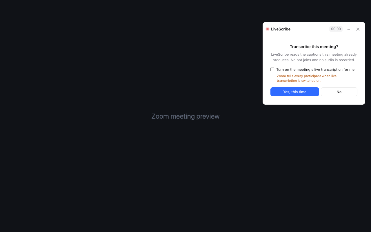 LiveScribe asks whether to transcribe this meeting