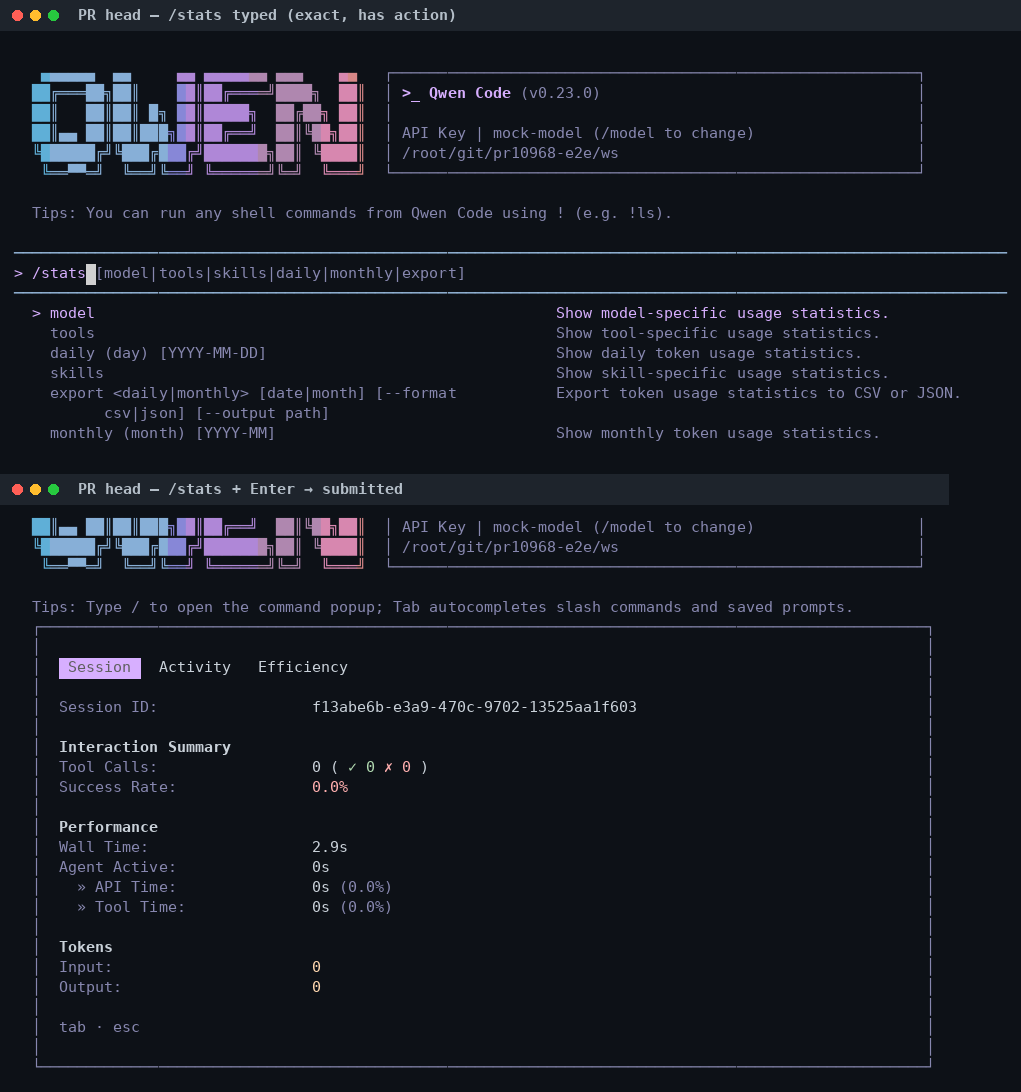P1: /stats typed with its subcommand popup, then Enter submits and the stats panel renders