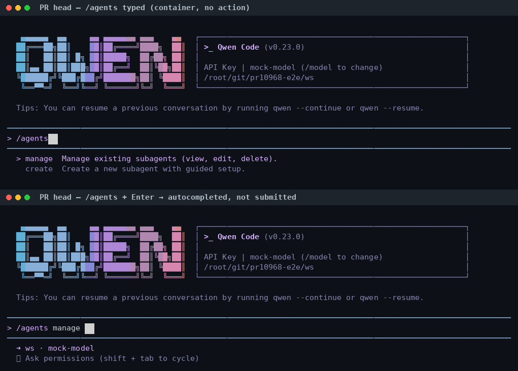 P2: /agents typed, Enter autocompletes to /agents manage instead of submitting