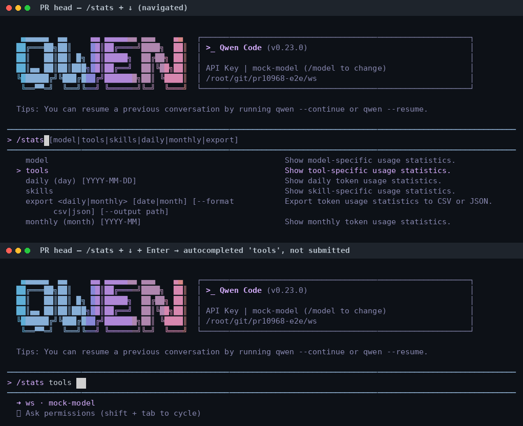 P4: /stats with the list navigated to tools, Enter autocompletes to /stats tools