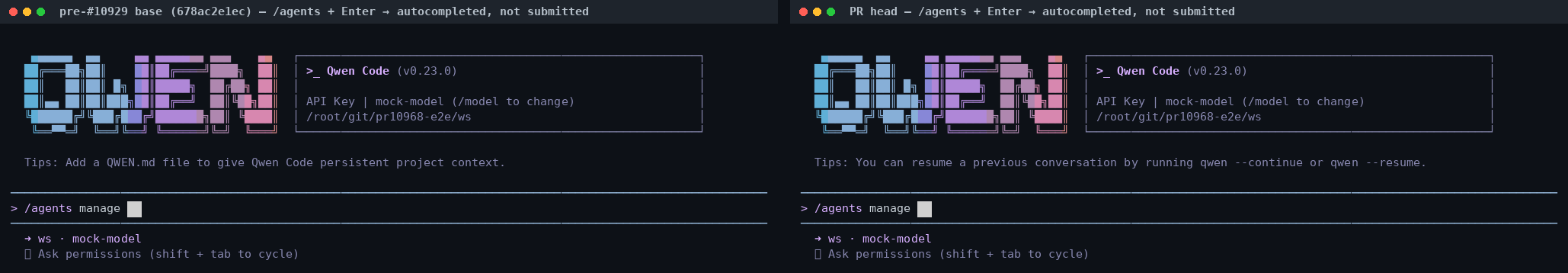 A/B: /agents + Enter on the pre-#10929 base (left) and on the PR head (right) — identical
