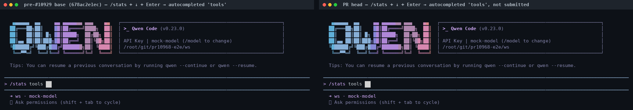 A/B: /stats + down + Enter on the pre-#10929 base (left) and on the PR head (right) — identical