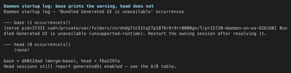 Daemon startup log: base prints the misleading warning, head does not