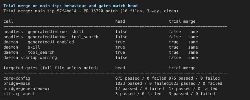 Trial merge on main tip: behaviour and targeted gates match head