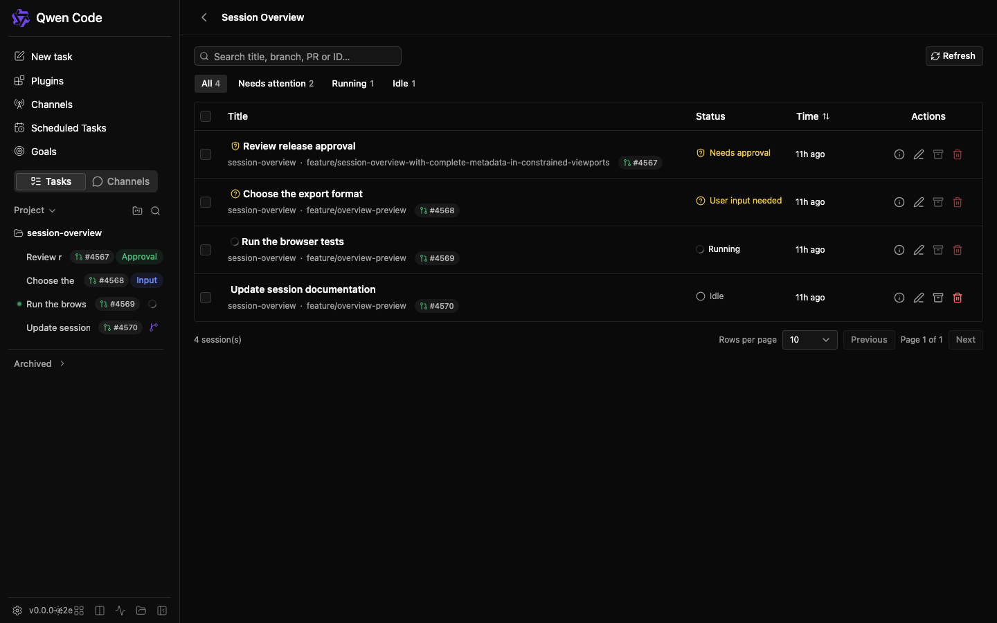 Updated session overview with distinct states and compact metadata